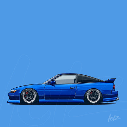 ilustração digital de um carro esportivo azul em perfil, destacando detalhes como rodas grandes e linhas aerodinâmicas
