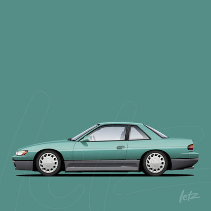 ilustração digital de um carro esportivo em tom verde menta sobre fundo sólido