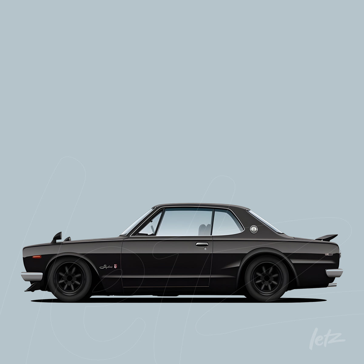 ilustração de carro esportivo preto com detalhes em cinza sobre fundo azul claro
