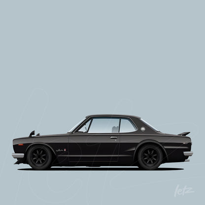 ilustração de carro esportivo preto com detalhes em cinza sobre fundo azul claro