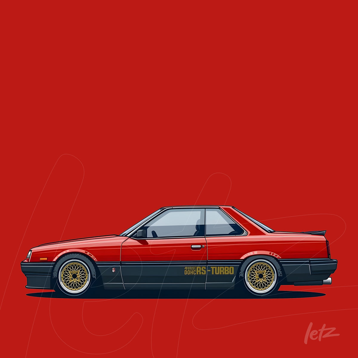 ilustração em estilo retrô de carro esportivo vermelho com detalhes em preto sobre fundo vermelho