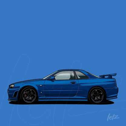 ilustração de carro esportivo azul de perfil com fundo azul sólido