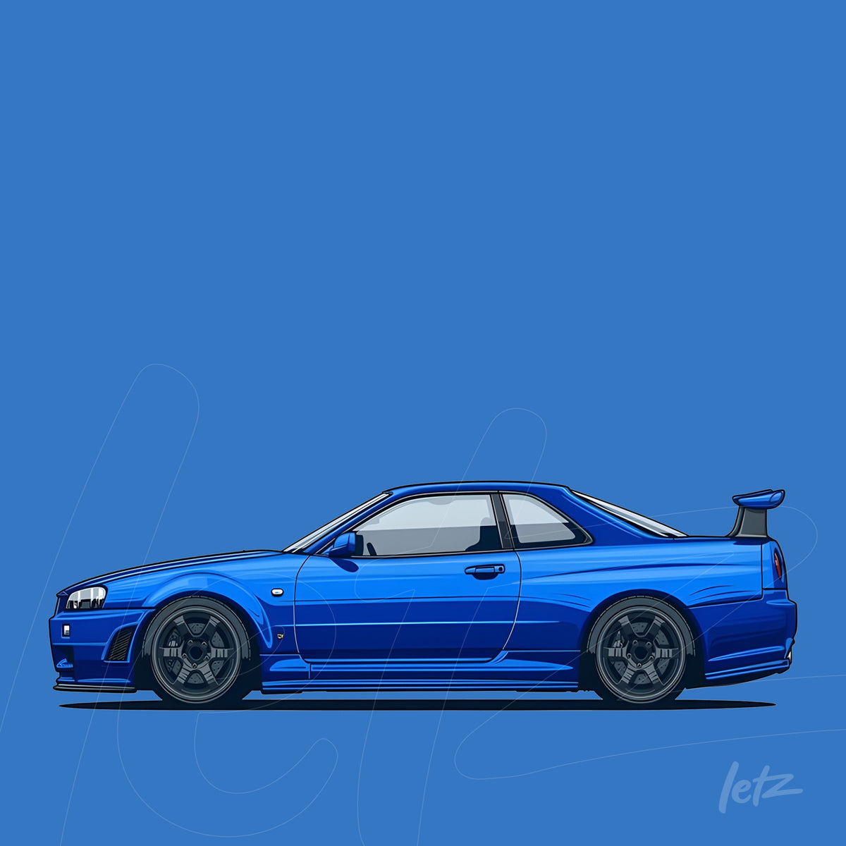ilustração de um carro esportivo azul em fundo azul liso, com detalhes em preto e rodas aro grande