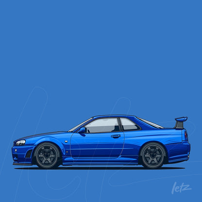 ilustração de um carro esportivo azul em fundo azul liso, com detalhes em preto e rodas aro grande
