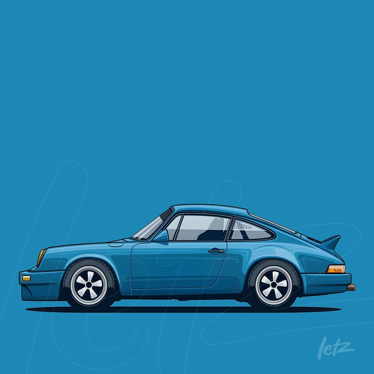 ilustração de carro esportivo azul em fundo azul sólido, vista lateral com detalhes estilizados, sem moldura