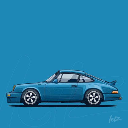 ilustração de carro esportivo azul em fundo azul sólido, vista lateral com detalhes estilizados, sem moldura