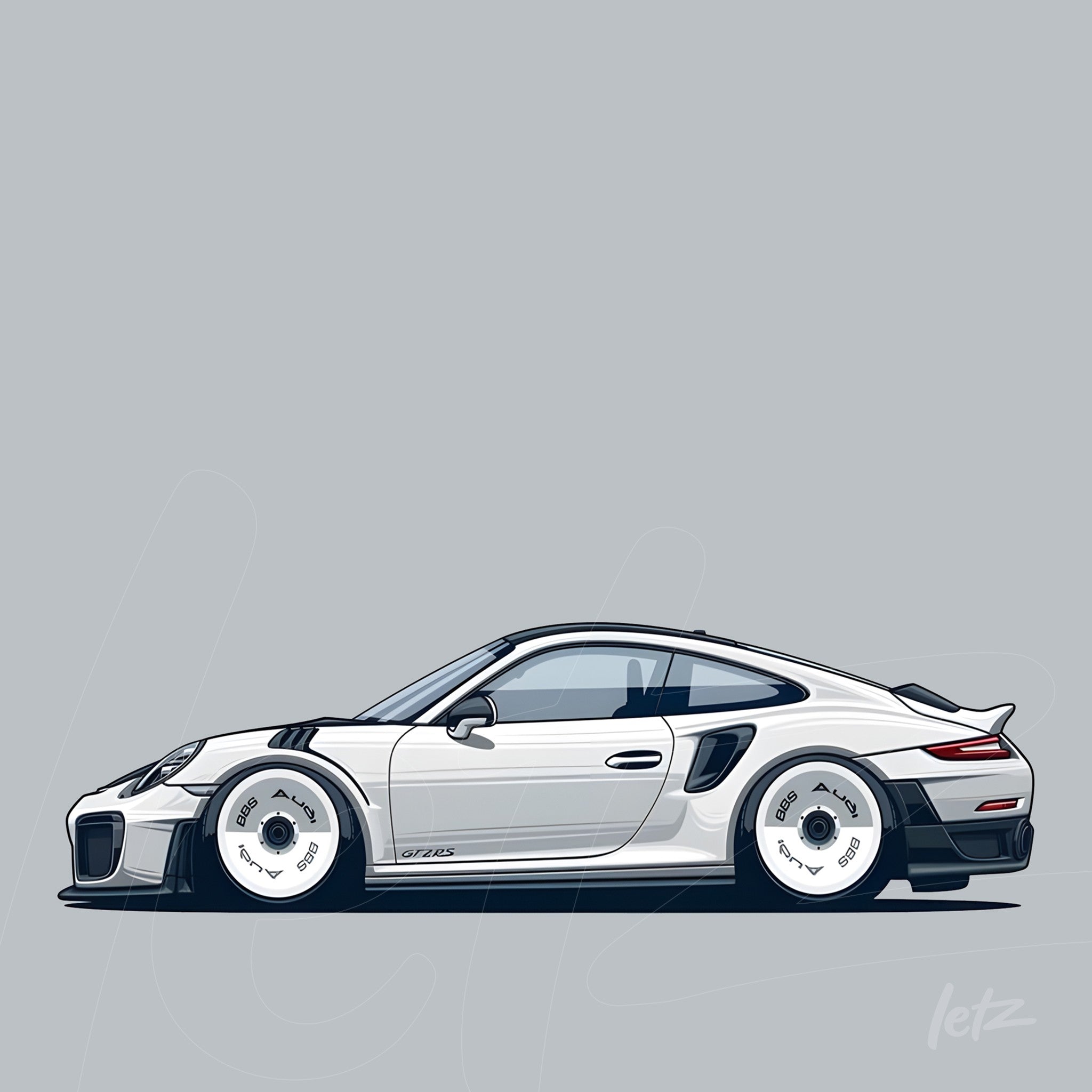 ilustração digital de carro esportivo branco com rodas largas em fundo cinza