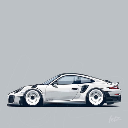 ilustração digital de carro esportivo branco com rodas largas em fundo cinza
