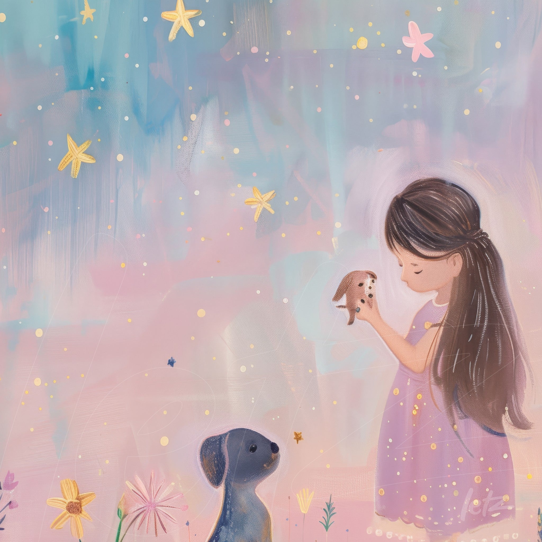 ilustração de menina segurando um porquinho da índia com um cachorro olhando em fundo suave azul e rosa repleto de estrelas