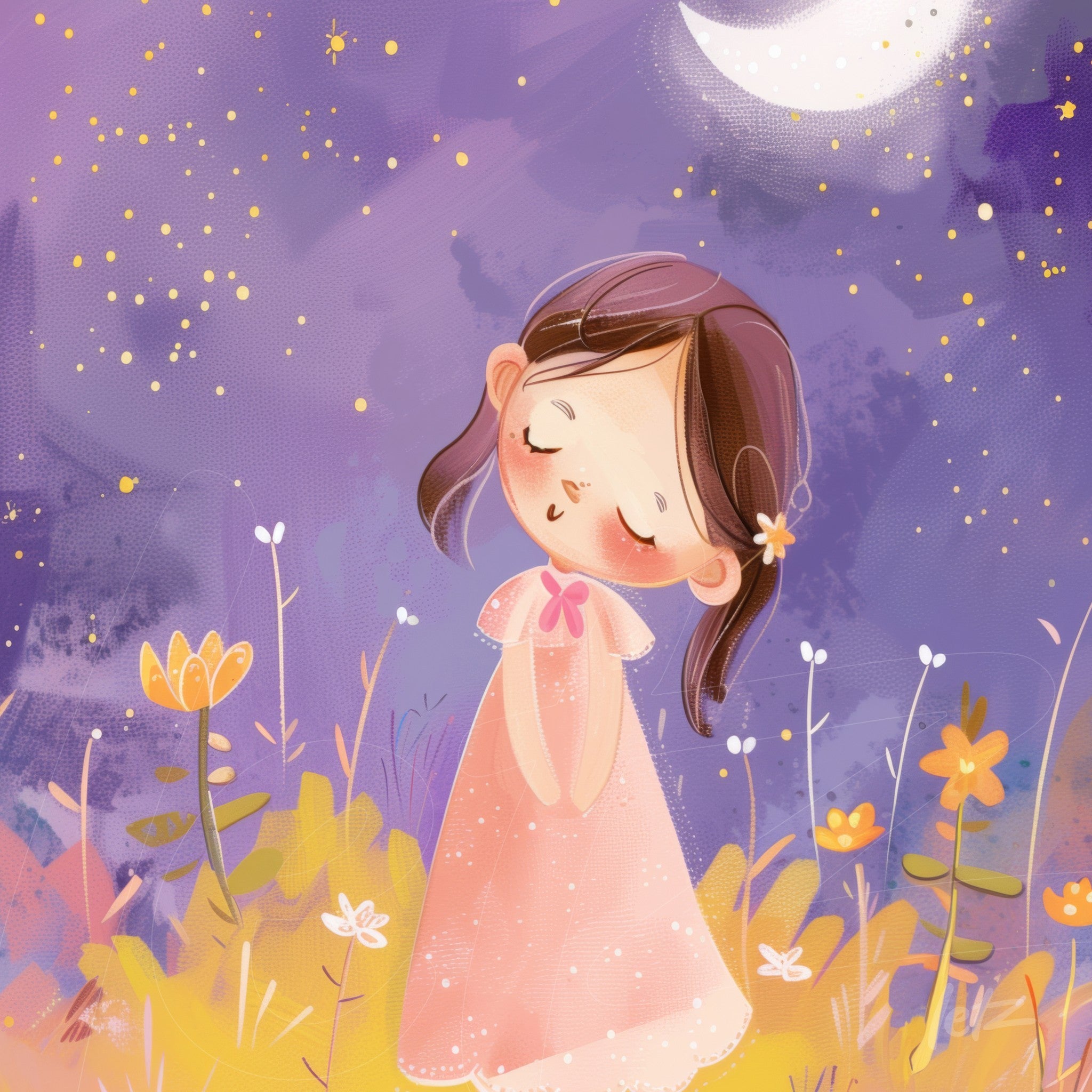 ilustração com menina sonhadora em vestido rosa sobre fundo roxo estrelado com flores coloridas
