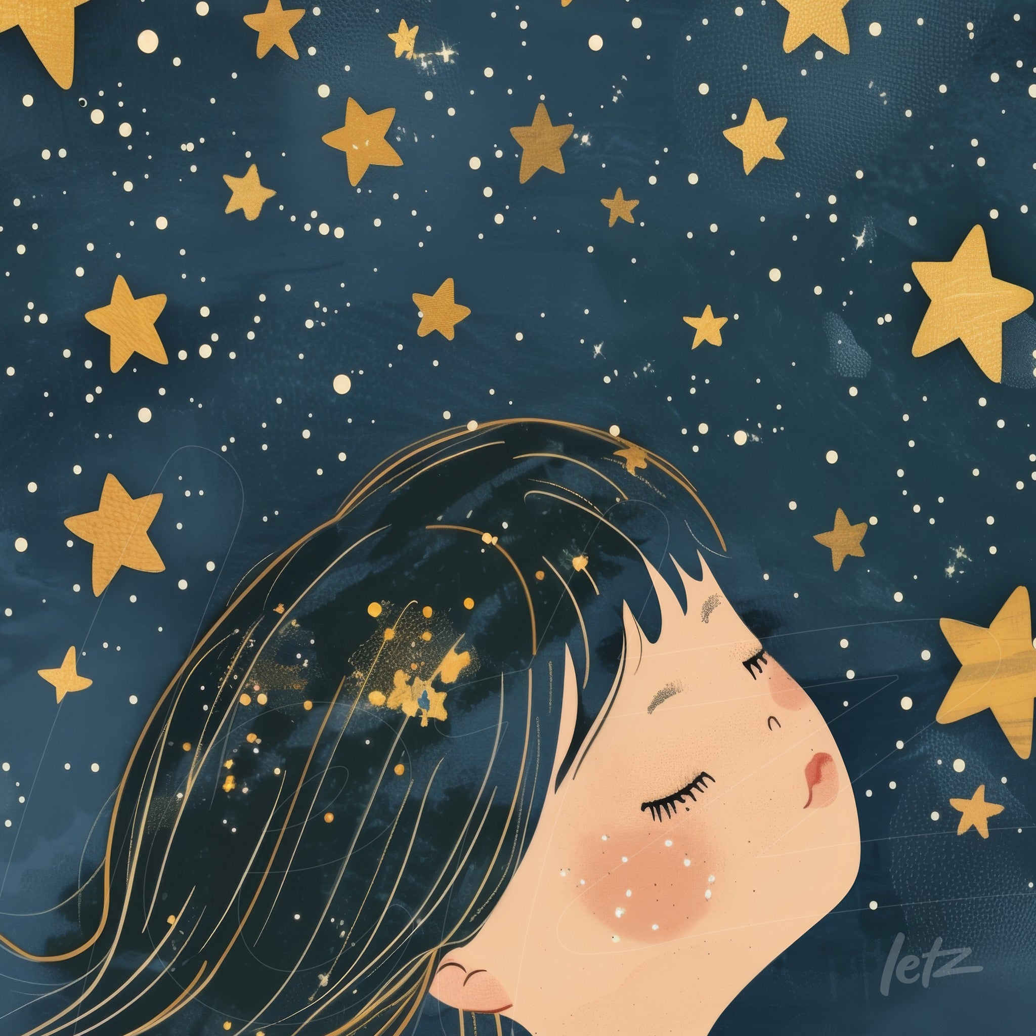 quadro com ilustração de uma menina sonhando sob um céu estrelado com estrelas douradas