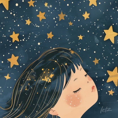 quadro com ilustração de uma menina sonhando sob um céu estrelado com estrelas douradas