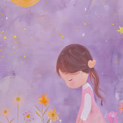 arte em canvas de menina com cabelo castanho e coque, olhando para baixo em meio a flores coloridas e fundo roxo com manchas douradas