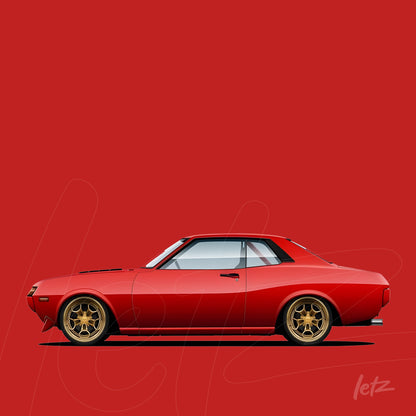 arte digital de carro clássico vermelho em fundo vermelho liso com rodas douradas