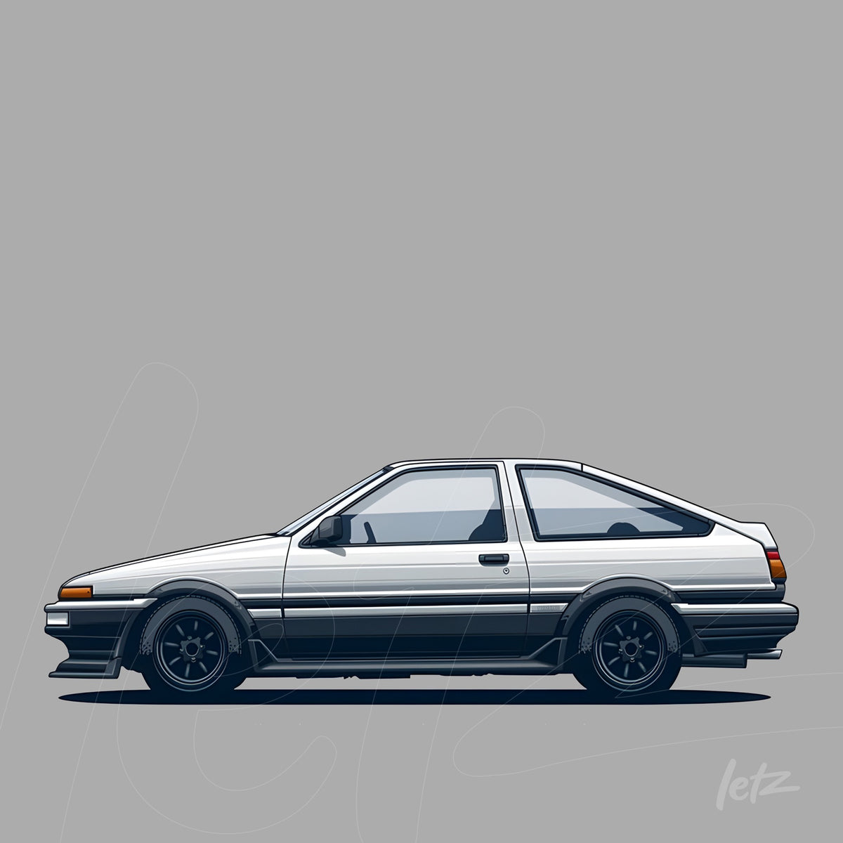 ilustração digital de um carro esportivo branco com detalhes pretos visto de lado sobre fundo cinza