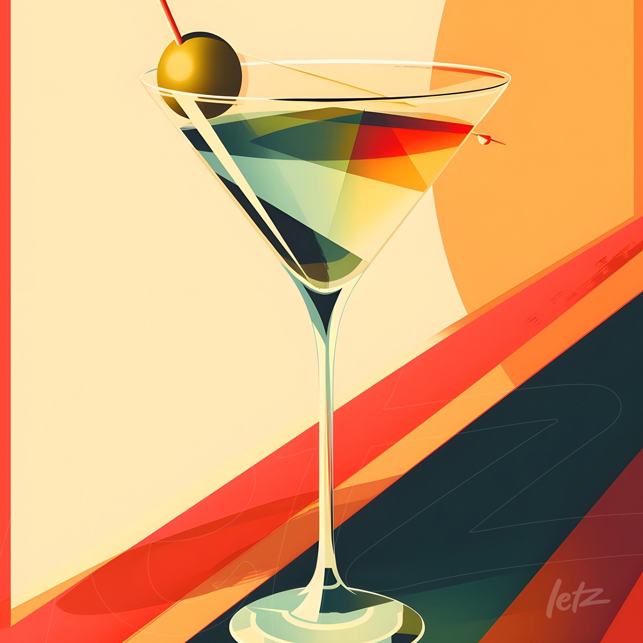 arte digital de drink martini em taça elegante com sombra colorida e fundo geométrico