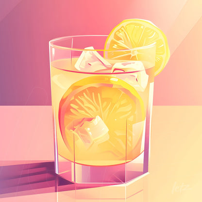 quadro com arte digital de drink com limões fatiados e gelo em um copo transparentes sobre fundo degradê
