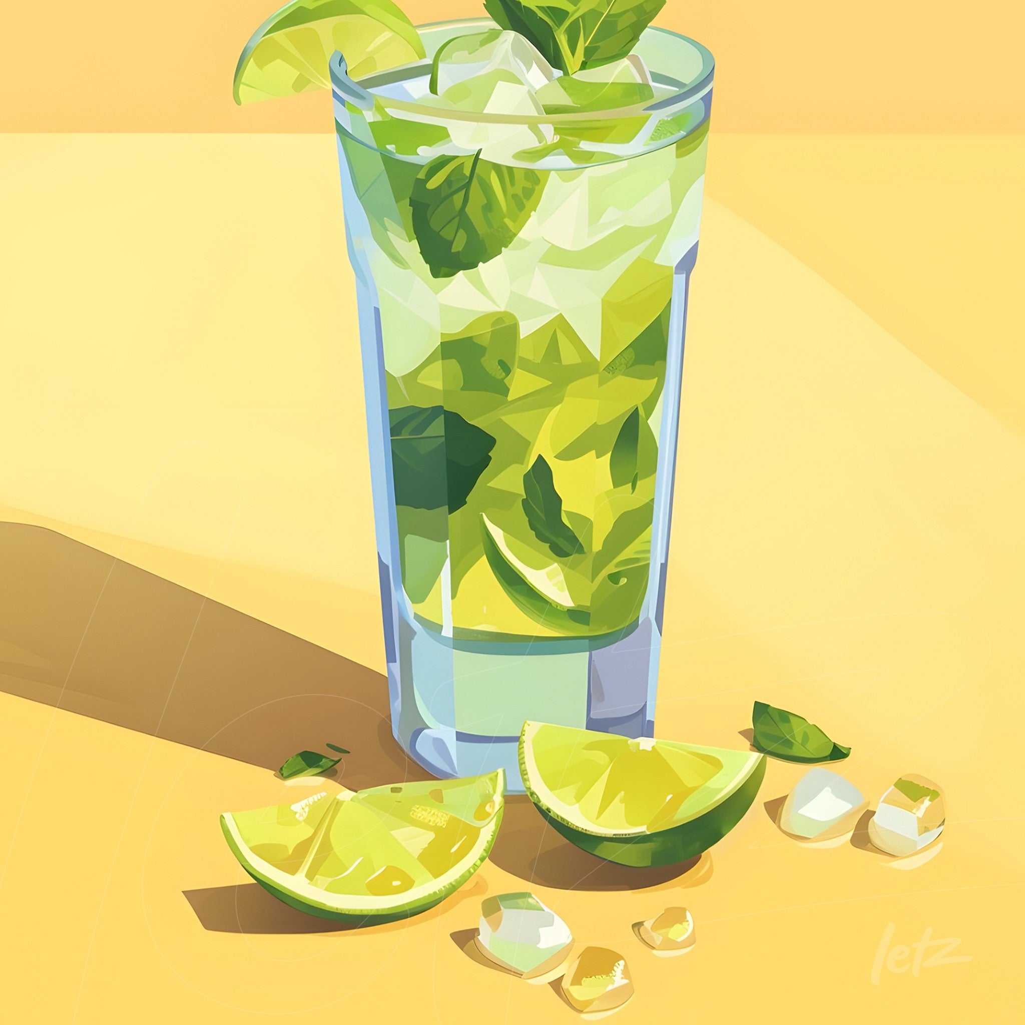 ilustração digital de drink mojito em copo alto com limão e folhas de hortelã ao lado