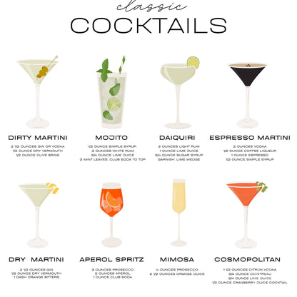 ilustração com copos de coquetéis clássicos em fundo claro, incluindo dirty martini, mojito, daiquiri, espresso martini, dry martini, aperol spritz, mimosa e cosmopolitan com ingredientes listados abaixo de cada drink