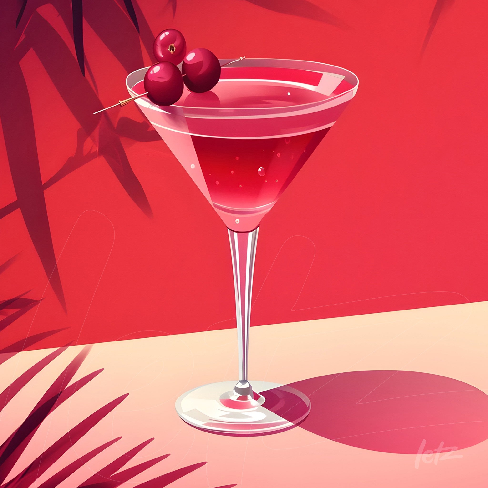 imagem de drink cosmopolitan em um copo elegante com cerejas em cima sobre fundo vermelho vibrante