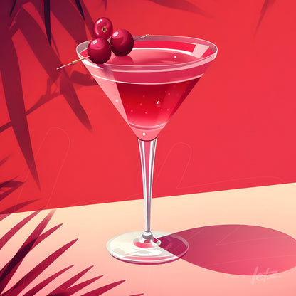 imagem de drink cosmopolitan em um copo elegante com cerejas em cima sobre fundo vermelho vibrante