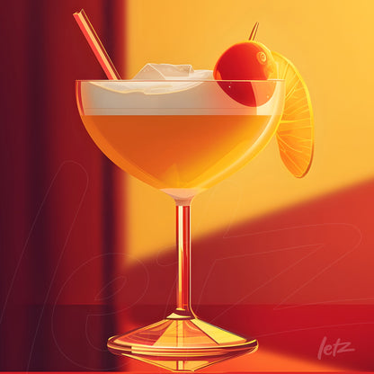 arte digital de coquetel com fundo amarelo e laranja vibrante, decorado com limão e cereja