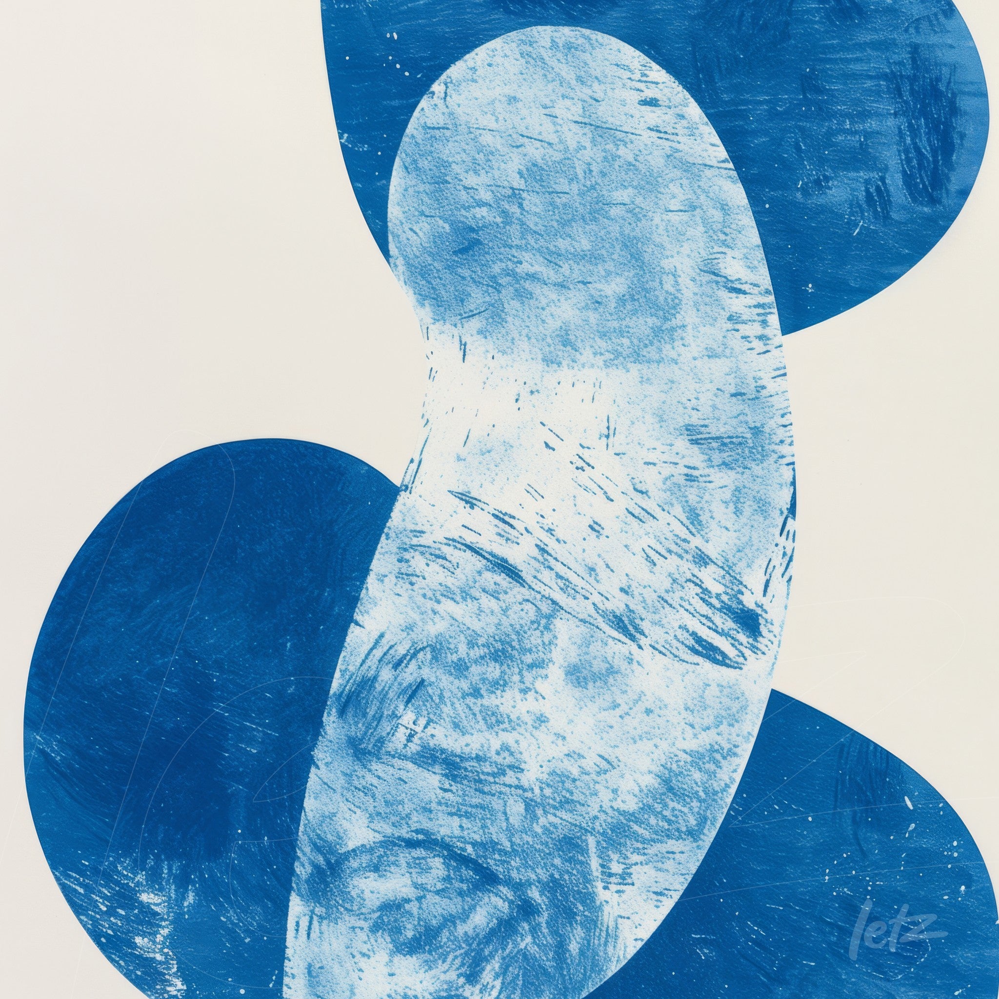 arte abstrata em azul com formas ovais e texturas sobre fundo claro