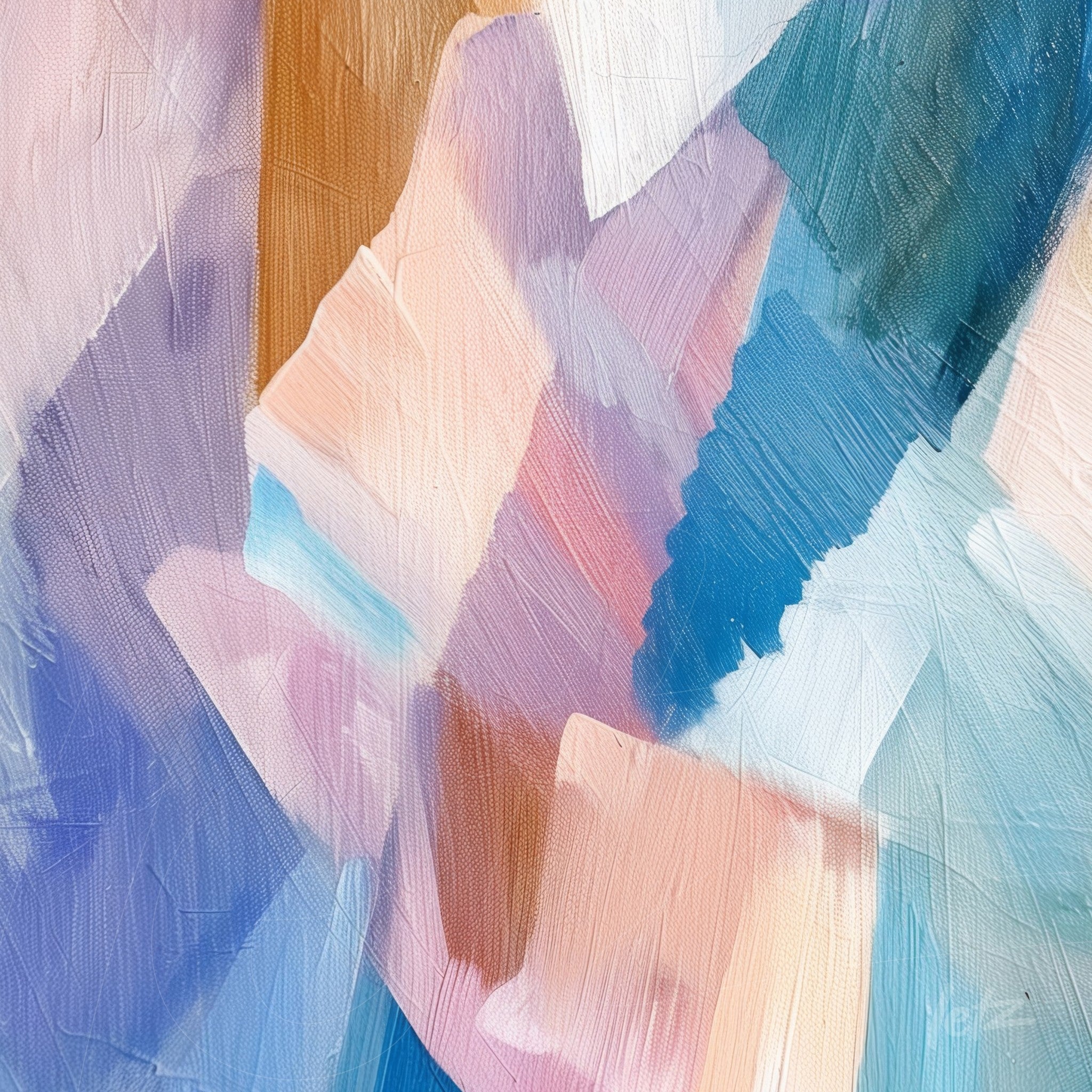 arte abstrata em tons suaves de rosa, azul e roxo com pinceladas visíveis