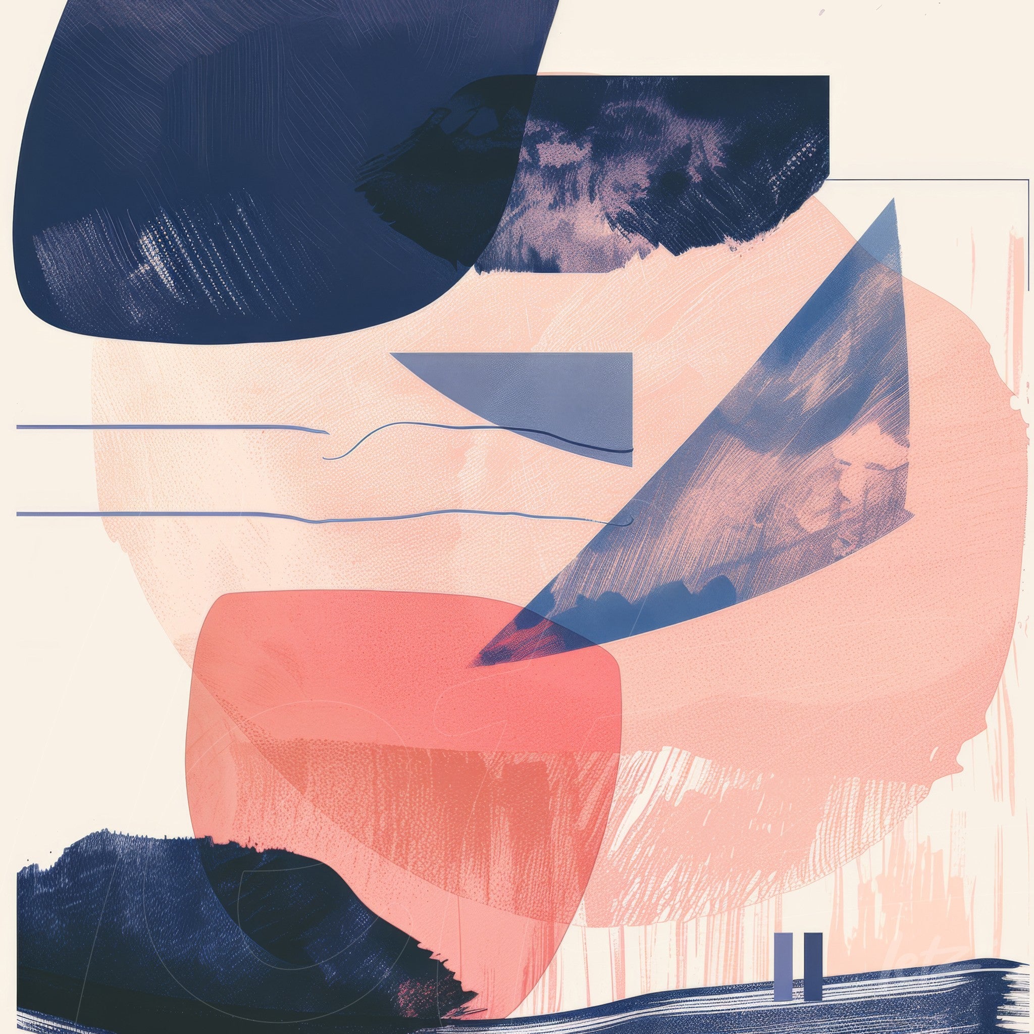 arte abstrata minimalista com formas geométricas em tons de rosa e azul sobre fundo claro