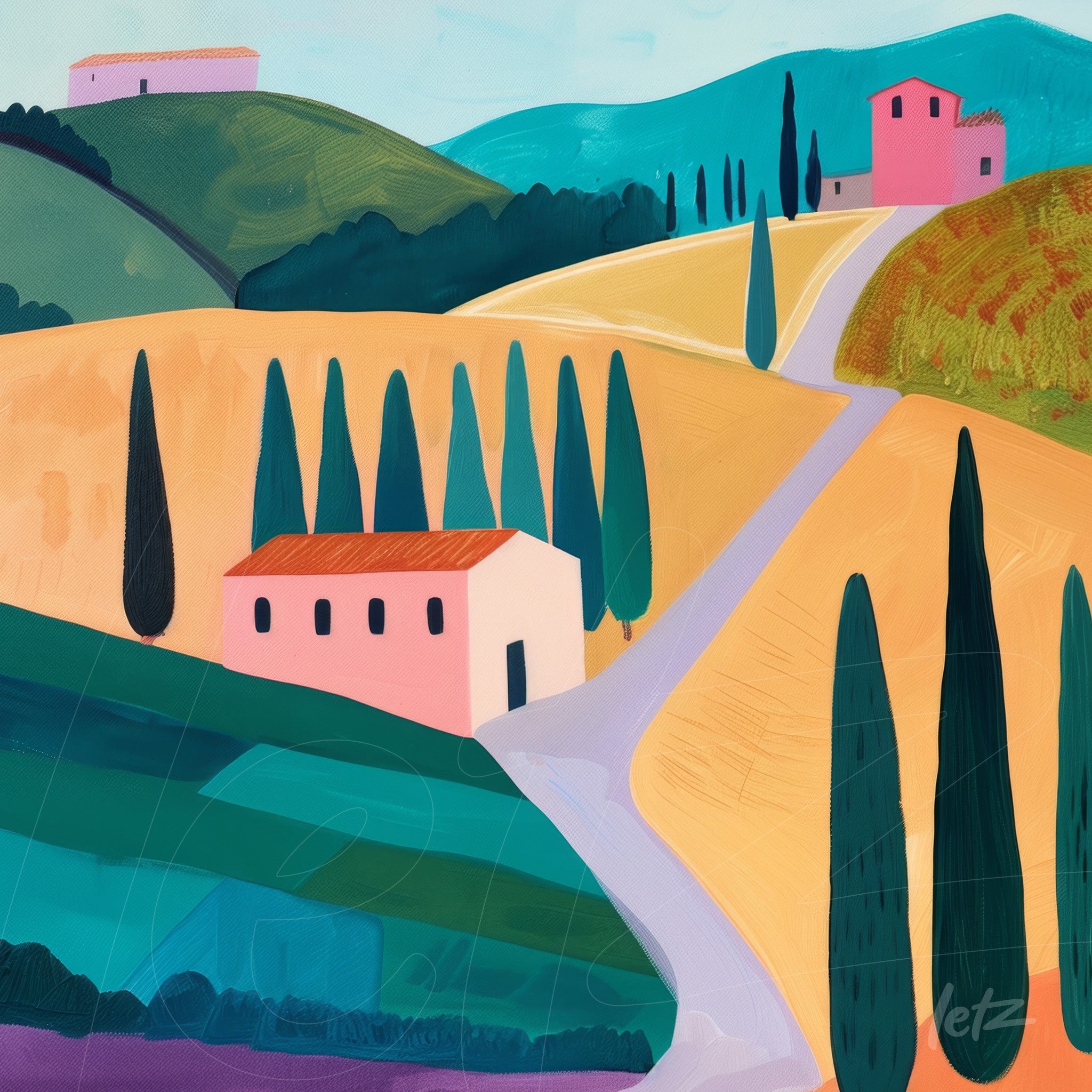 quadro com paisagem campestre vibrante apresentando colinas verdejantes, um caminho sinuoso e casas rosa com telhados vermelhos cercadas por ciprestes