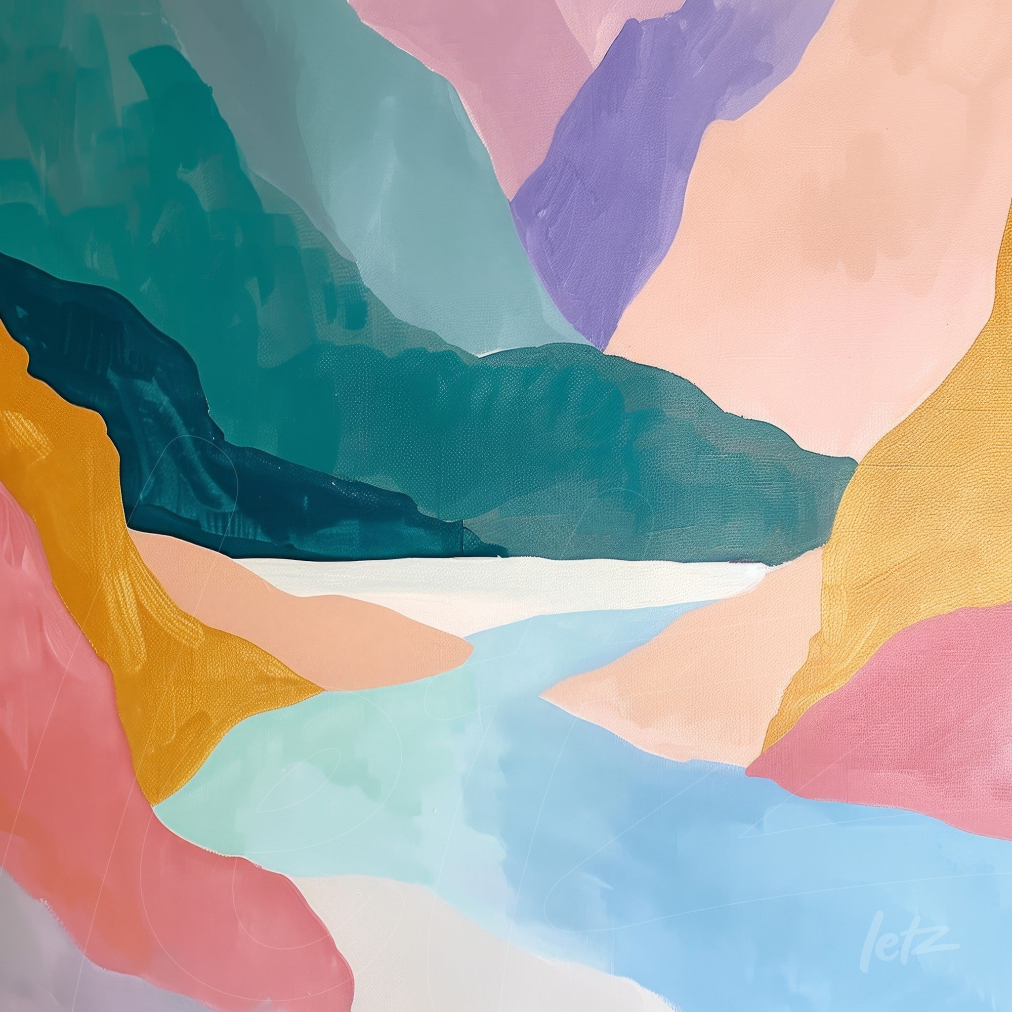 quadro com arte abstrata em cores suaves, apresentando formas fluidas que representam uma paisagem montanhosa com um corpo d'água ao centro