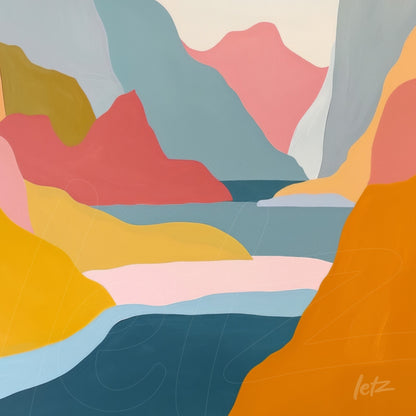 quadro com arte abstrata de montanhas coloridas em tons quentes e frios, com lacunas de água e céu