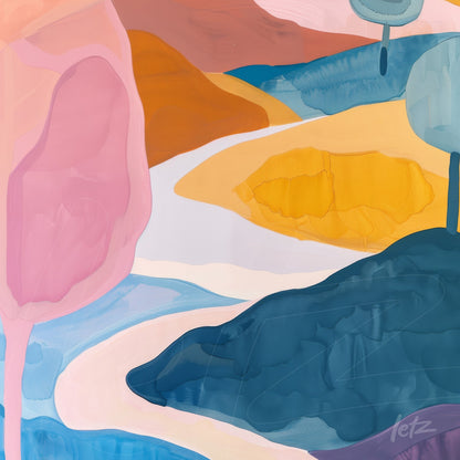 arte digital abstrata com formas fluidas em tons pastel, incluindo rosa, amarelo e azul, sobre fundo claro