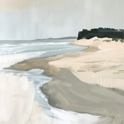 arte digital de praia minimalista com ondas suaves e areia clara ao fundo