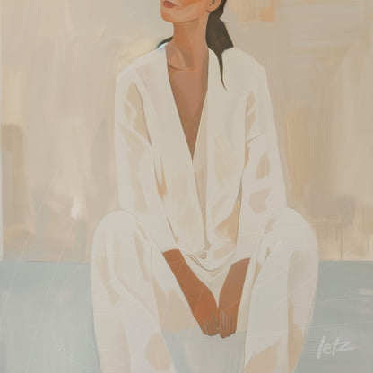 arte digital minimalista de mulher sentada em tons neutros, com fundo claro e roupas brancas