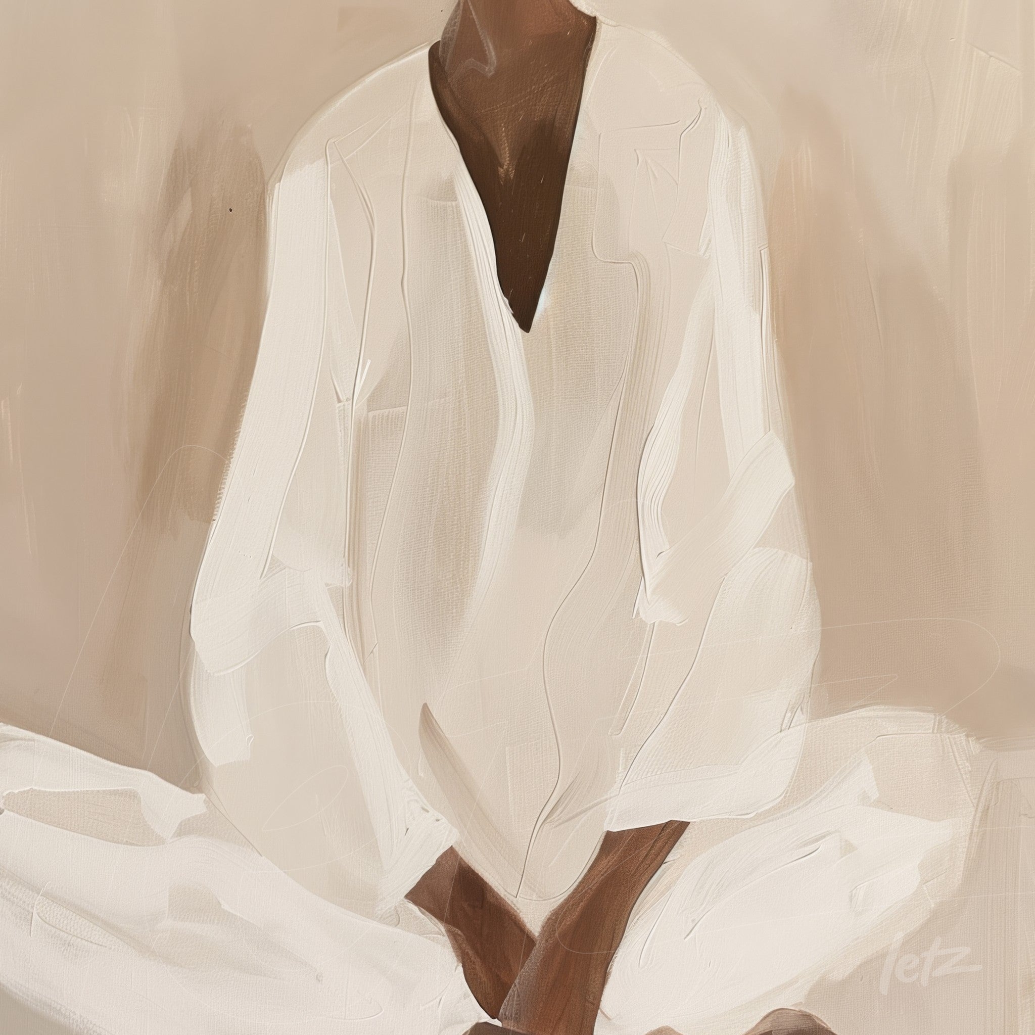 arte digital de figura feminina sentada em posição de meditação, vestindo túnica branca em fundo neutro