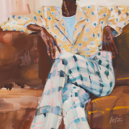 quadro com retrato de homem sentado em sofá, vestindo camisa amarelo com flores e calças xadrez em tons pastéis