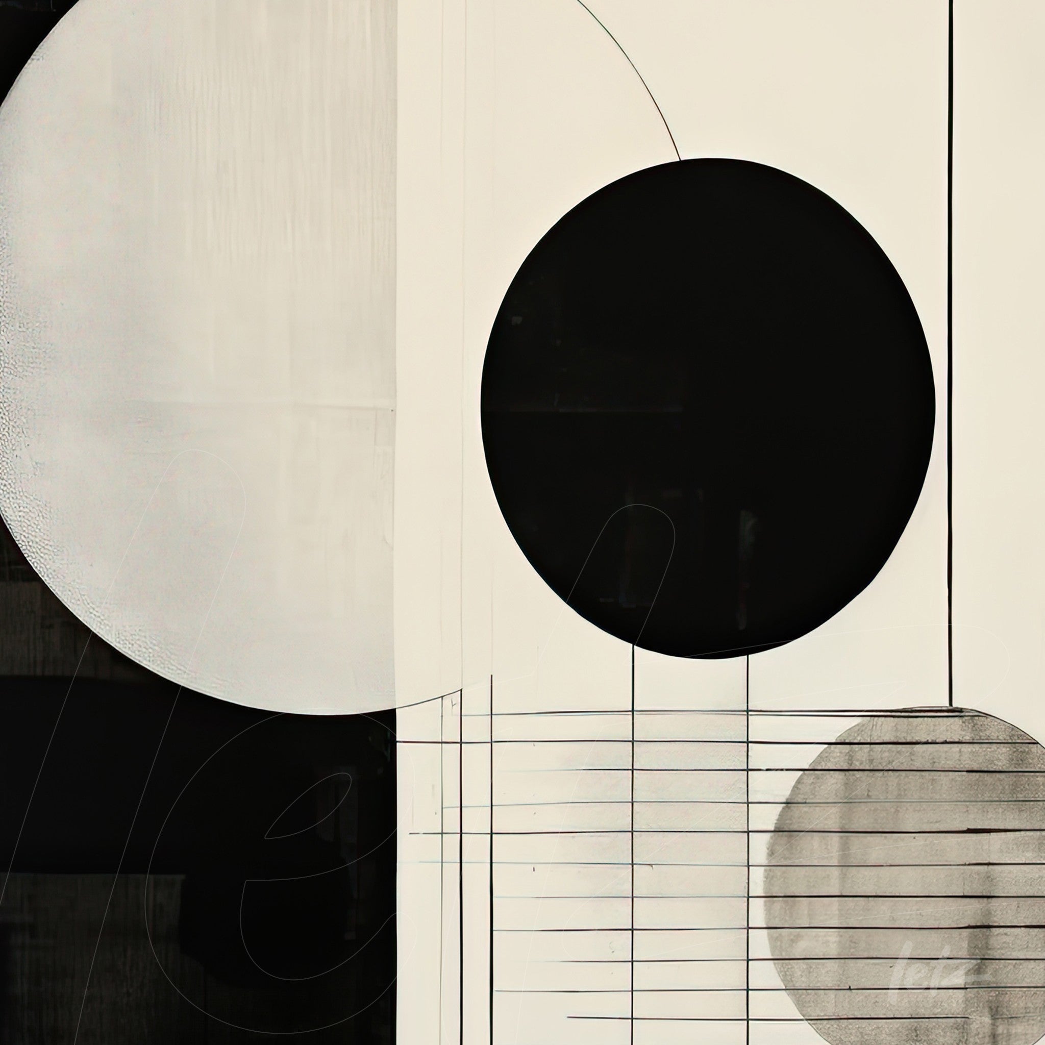arte abstrata em tons de preto e branco com formas circulares e linhas sutis