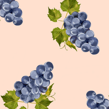 arte digital com ilustração de cachos de uvas roxas sobre fundo rosa claro