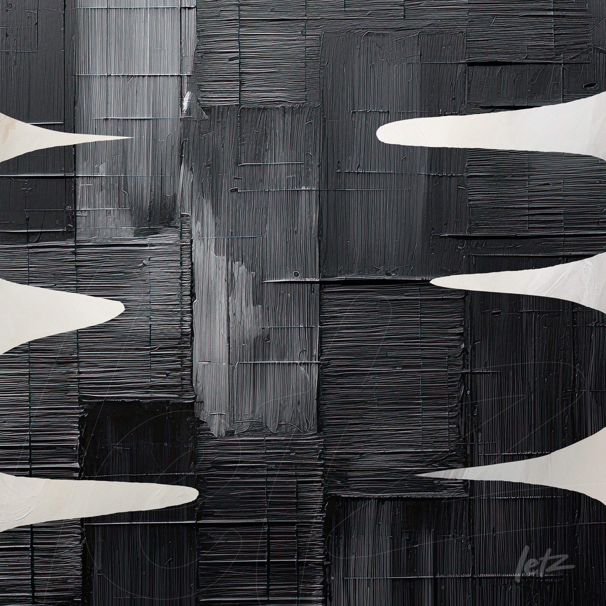 quadro com arte abstrata em tons de preto e cinza com formas brancas fluídas