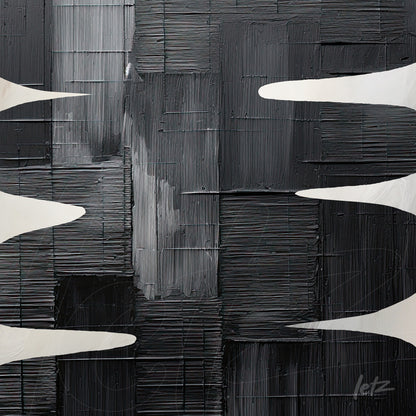 quadro com arte abstrata em tons de preto e cinza com formas brancas fluídas