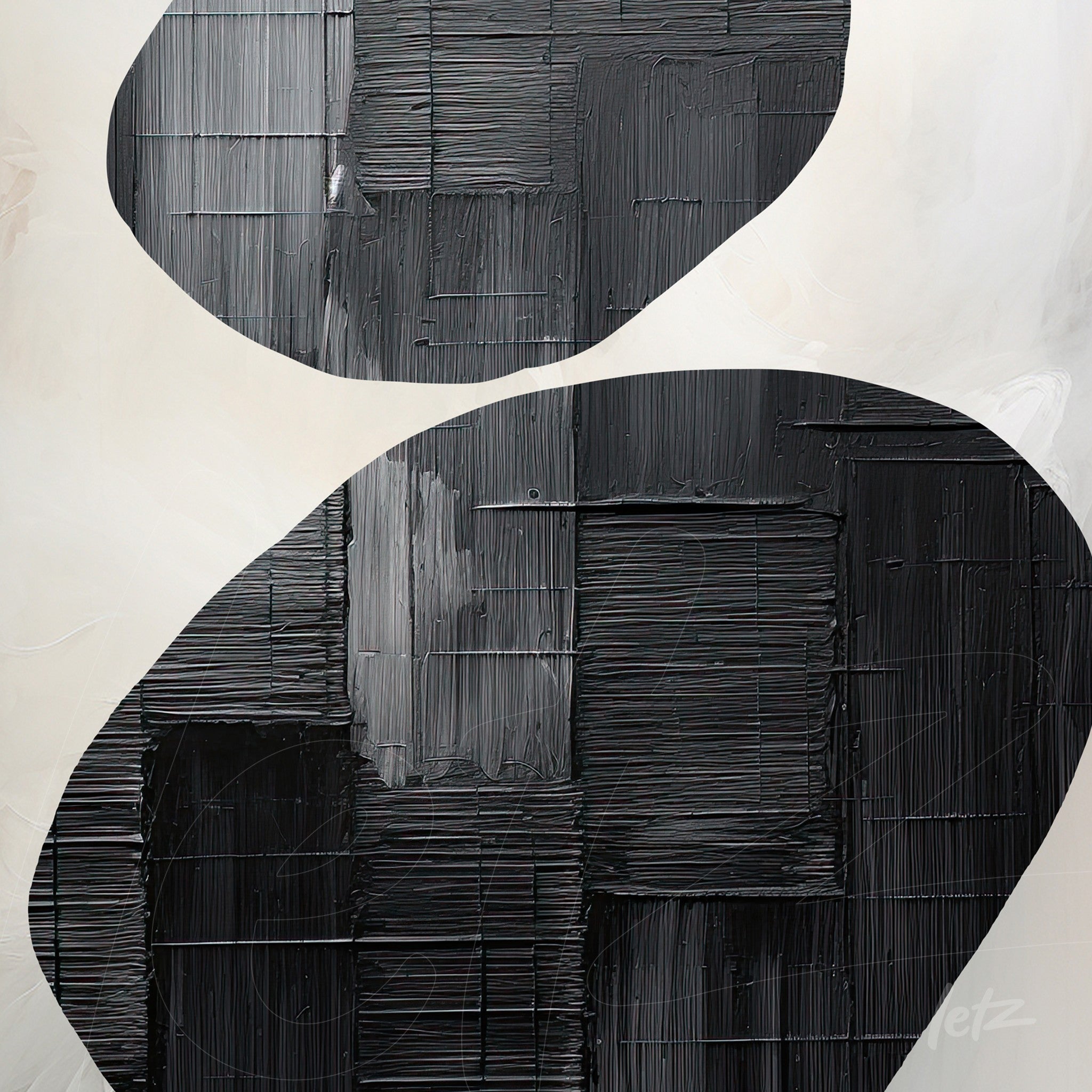 arte abstrata em preto e branco com texturas de pinceladas em relevo sobre fundo claro