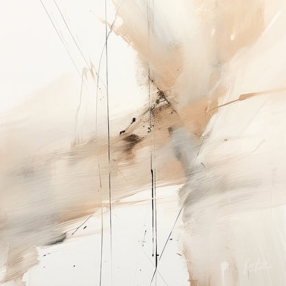 arte abstrata em tons neutros com traços de preto, apresentada em uma composição minimalista