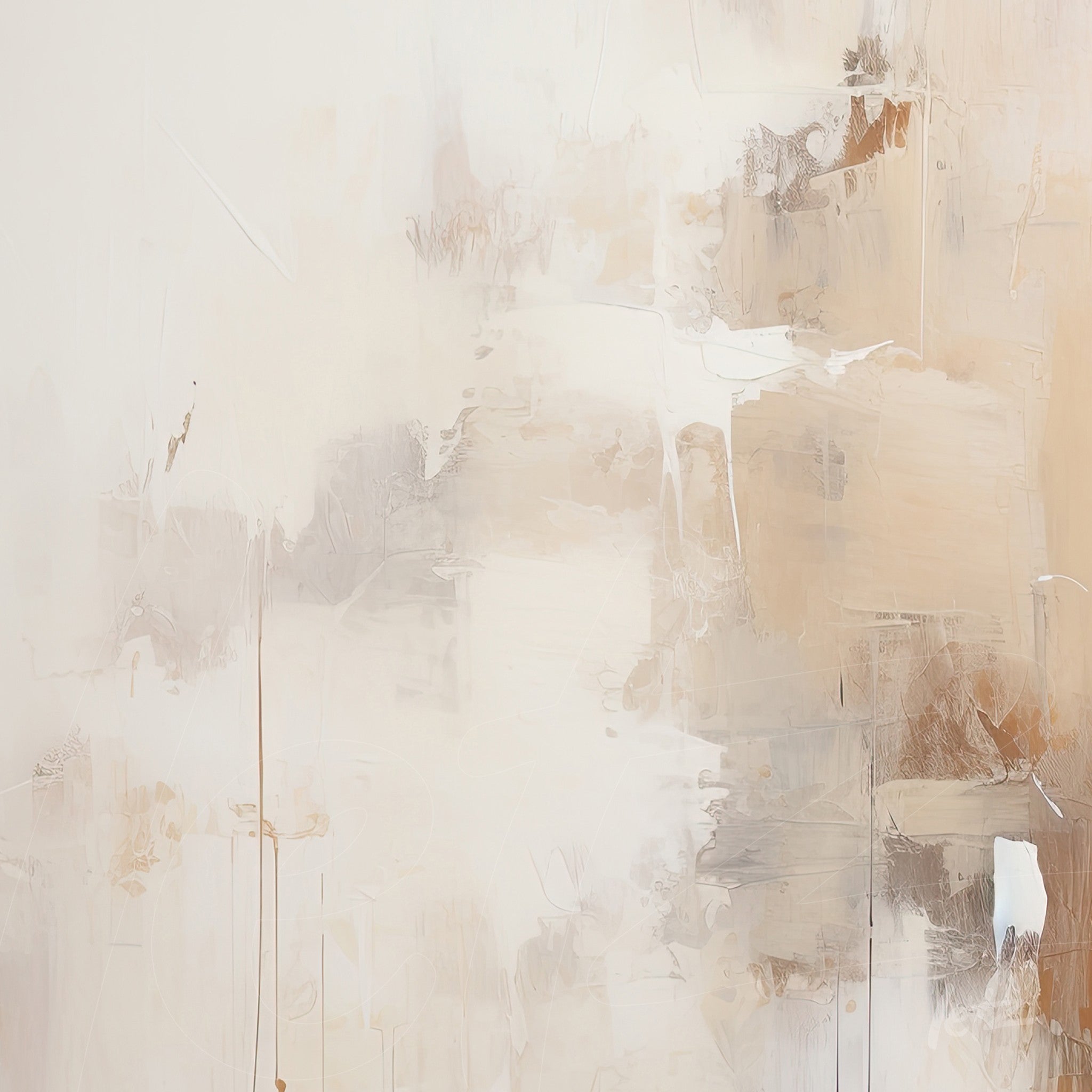arte abstrata com tons neutros de bege e branco, apresentando pinceladas texturizadas e suaves