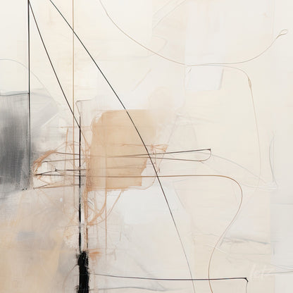 arte abstrata com linhas finas e formas orgânicas em tons neutros e um fundo claro