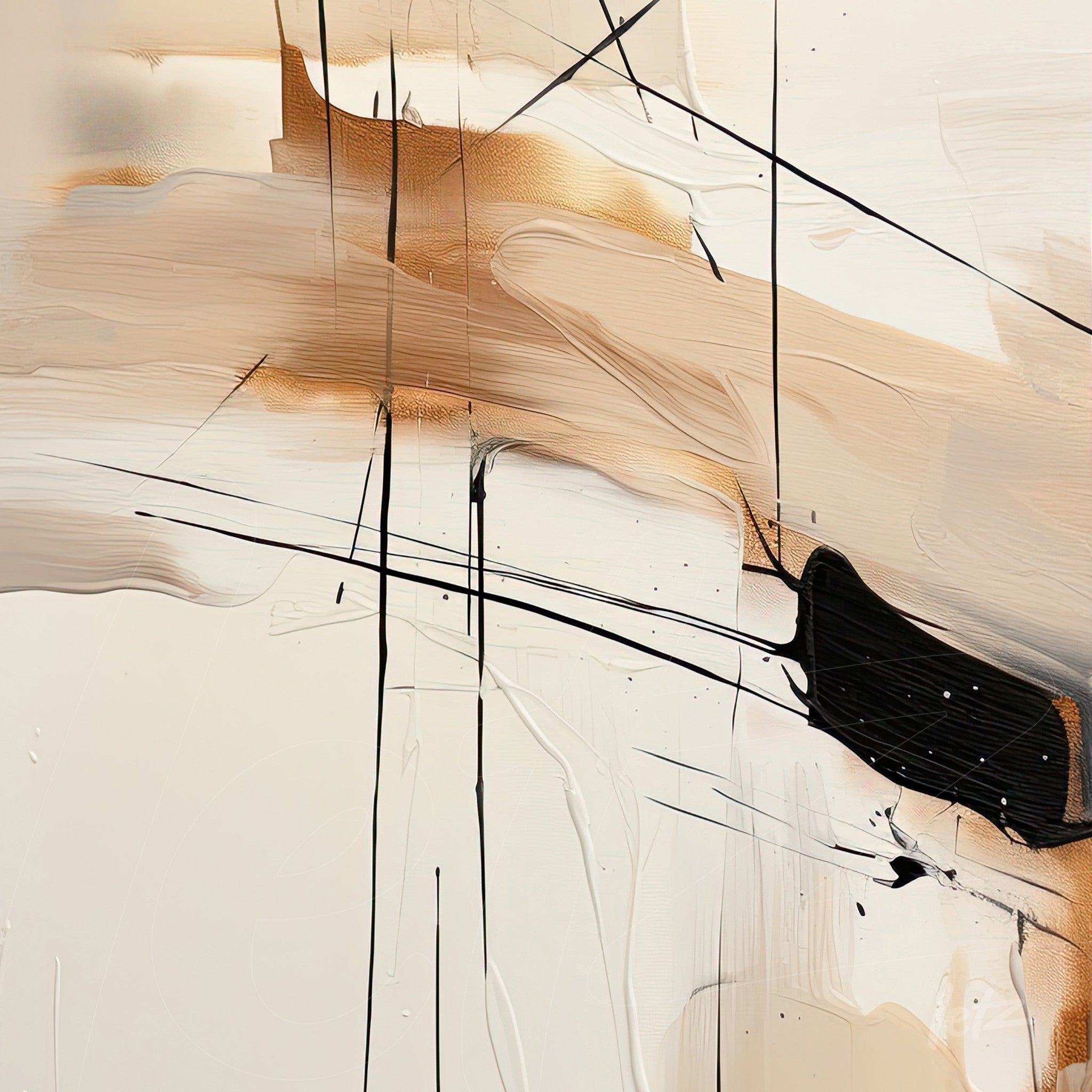 arte abstrata com traços em preto sobre fundo creme e detalhes em tons de nude
