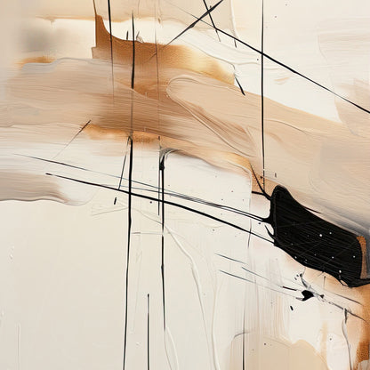 arte abstrata com traços em preto sobre fundo creme e detalhes em tons de nude