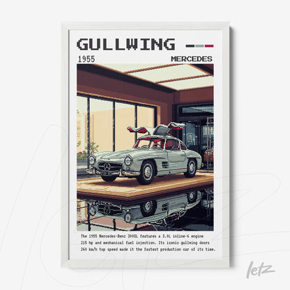quadro com arte digital do carro Mercedes-Benz 300SL Gullwing em moldura branca, com fundo que simula uma exposição moderna