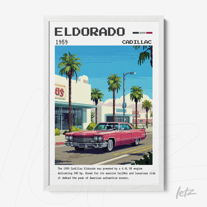 quadro digital com ilustração do Cadillac Eldorado de 1959 em uma rua palmada, destacando um carro rosa em estilo pixel art