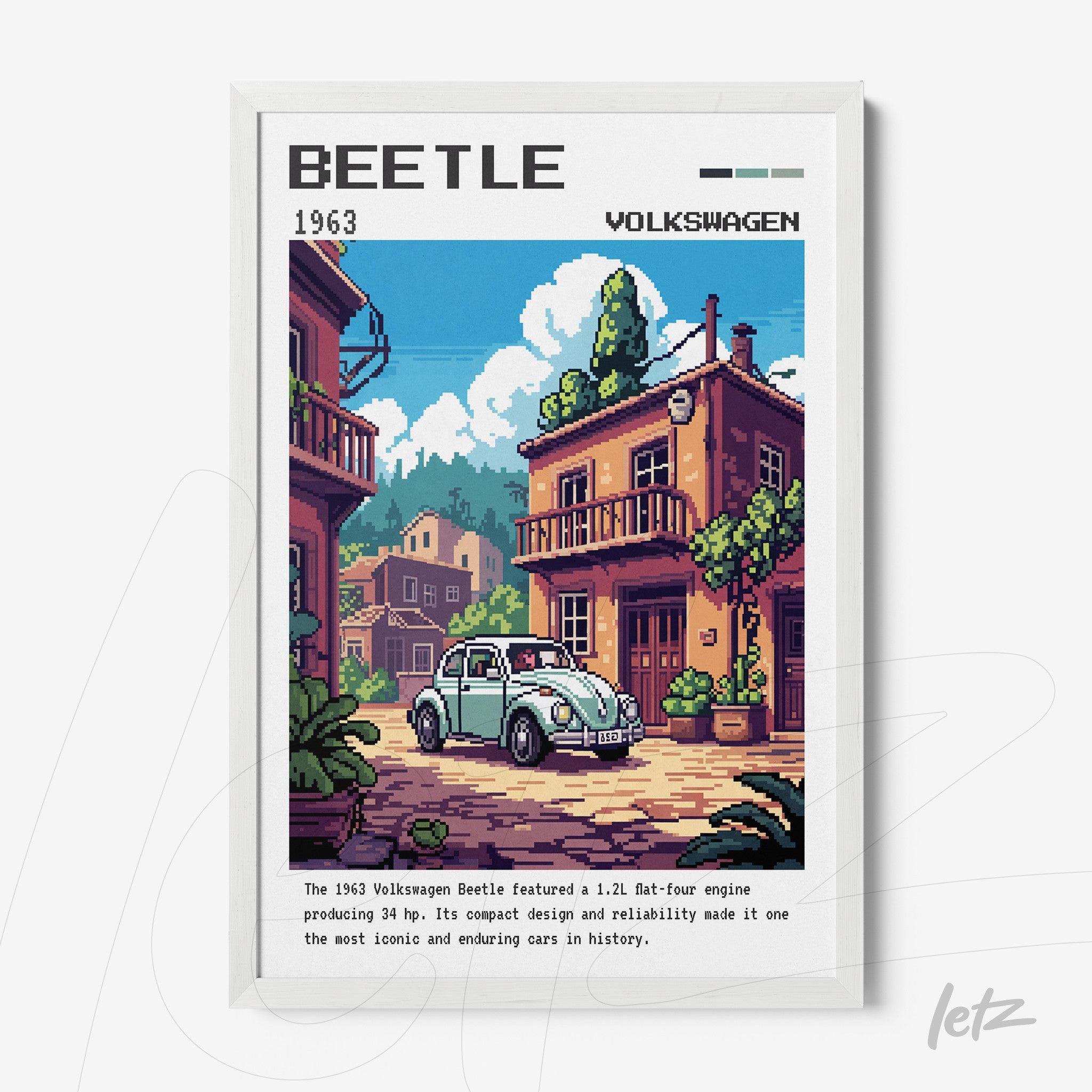 quadro com arte digital do carro Volkswagen Beetle 1963 em moldura branca, com fundo de uma rua cinematográfica
